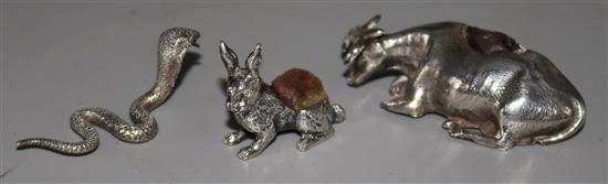 A miniature rabbit pin cushion impressed silver, miniature plated cobra and a silver cow finial (modified). cow 2.25in.